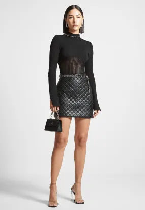 Leather Quilted Mini Skirt with Chain - Black