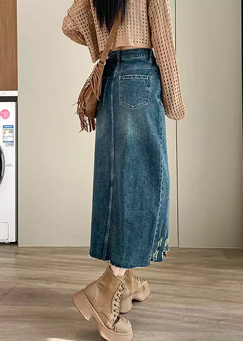 Loose Blue Hole Pockets High Waist Denim Skirt Spring AB1061