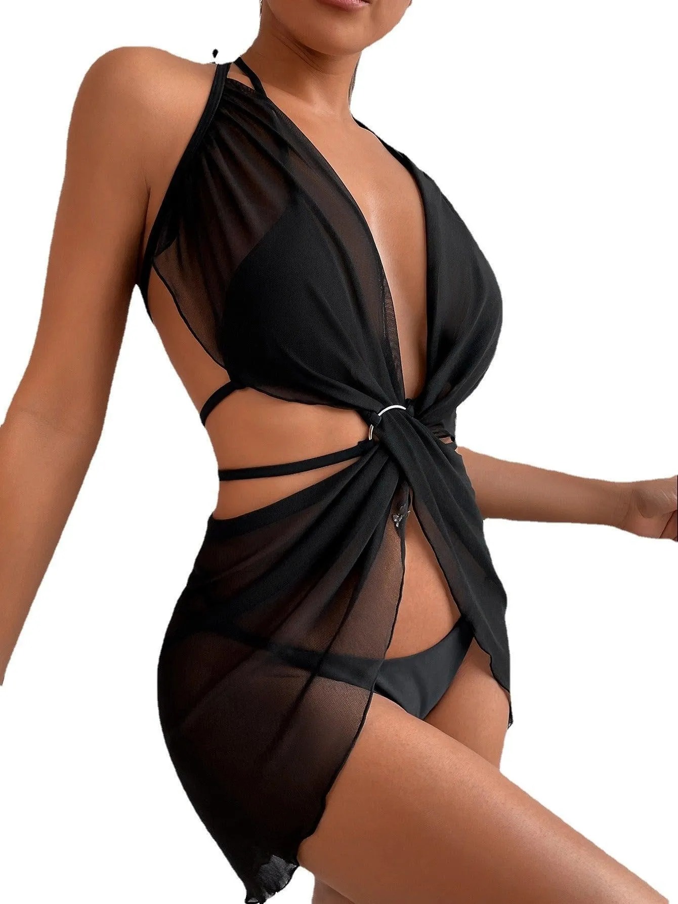 Mesh Black Bikini Swimwear Three Pieces Set