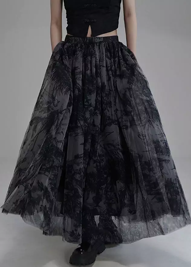 New Black Print Elastic Waist Tulle Skirt Summer AB1043