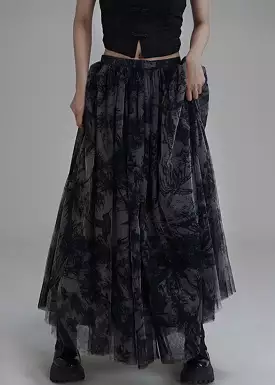 New Black Print Elastic Waist Tulle Skirt Summer AB1043