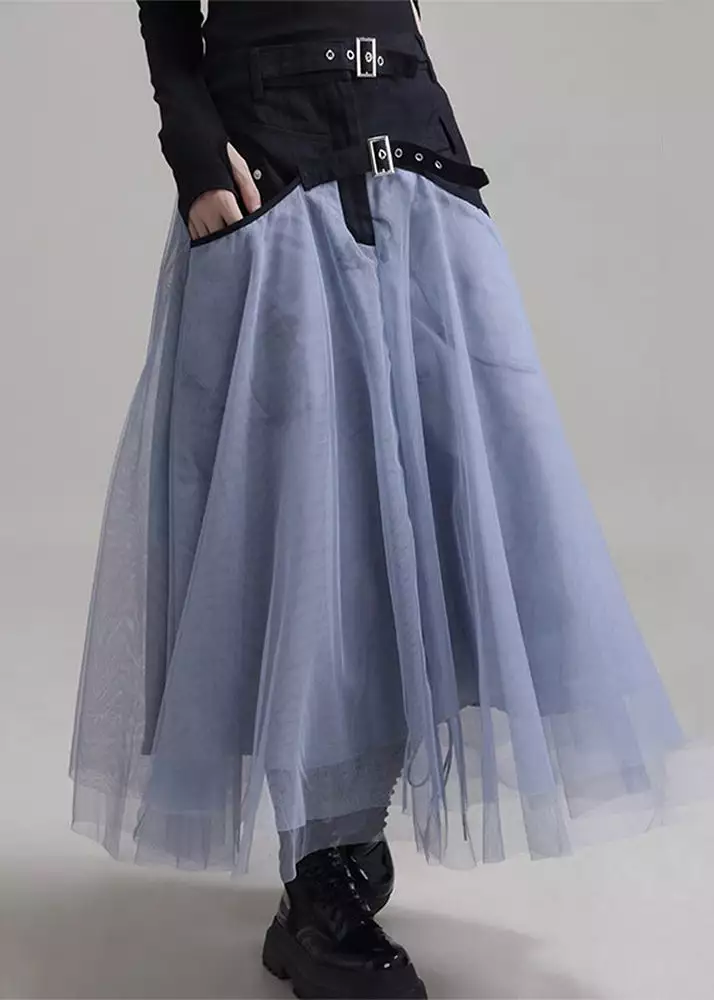 New Blue Pockets Elastic Waist Patchwork Tulle Skirt Summer AB1035