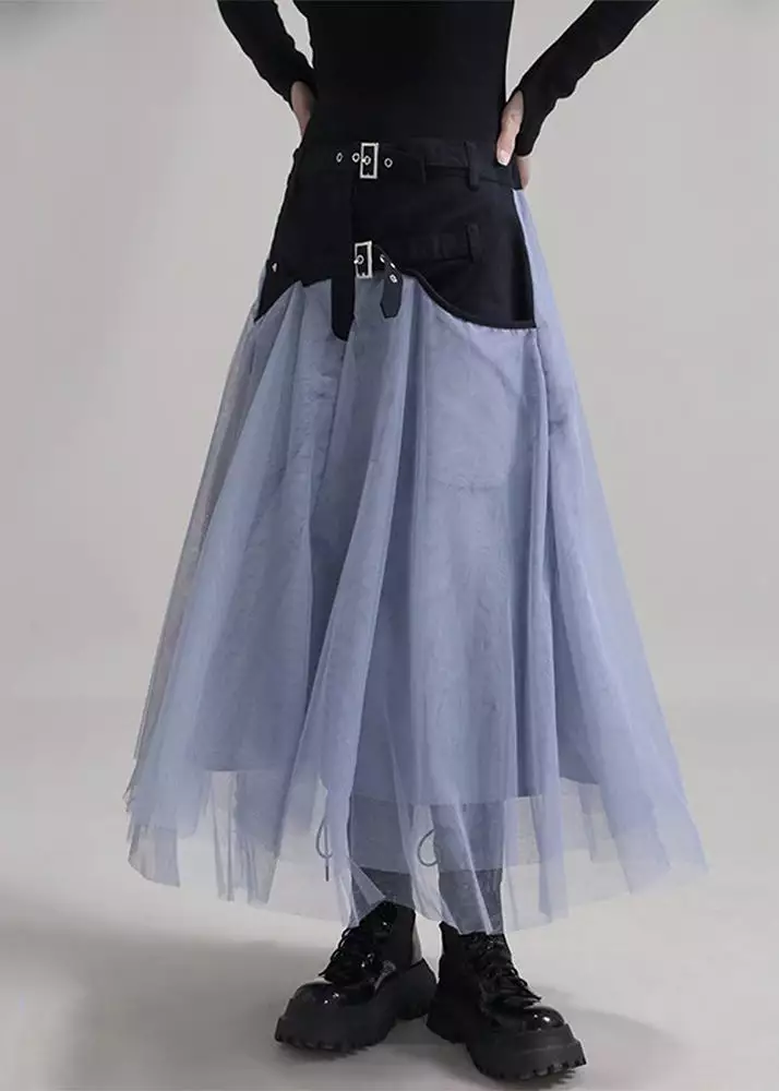 New Blue Pockets Elastic Waist Patchwork Tulle Skirt Summer AB1035