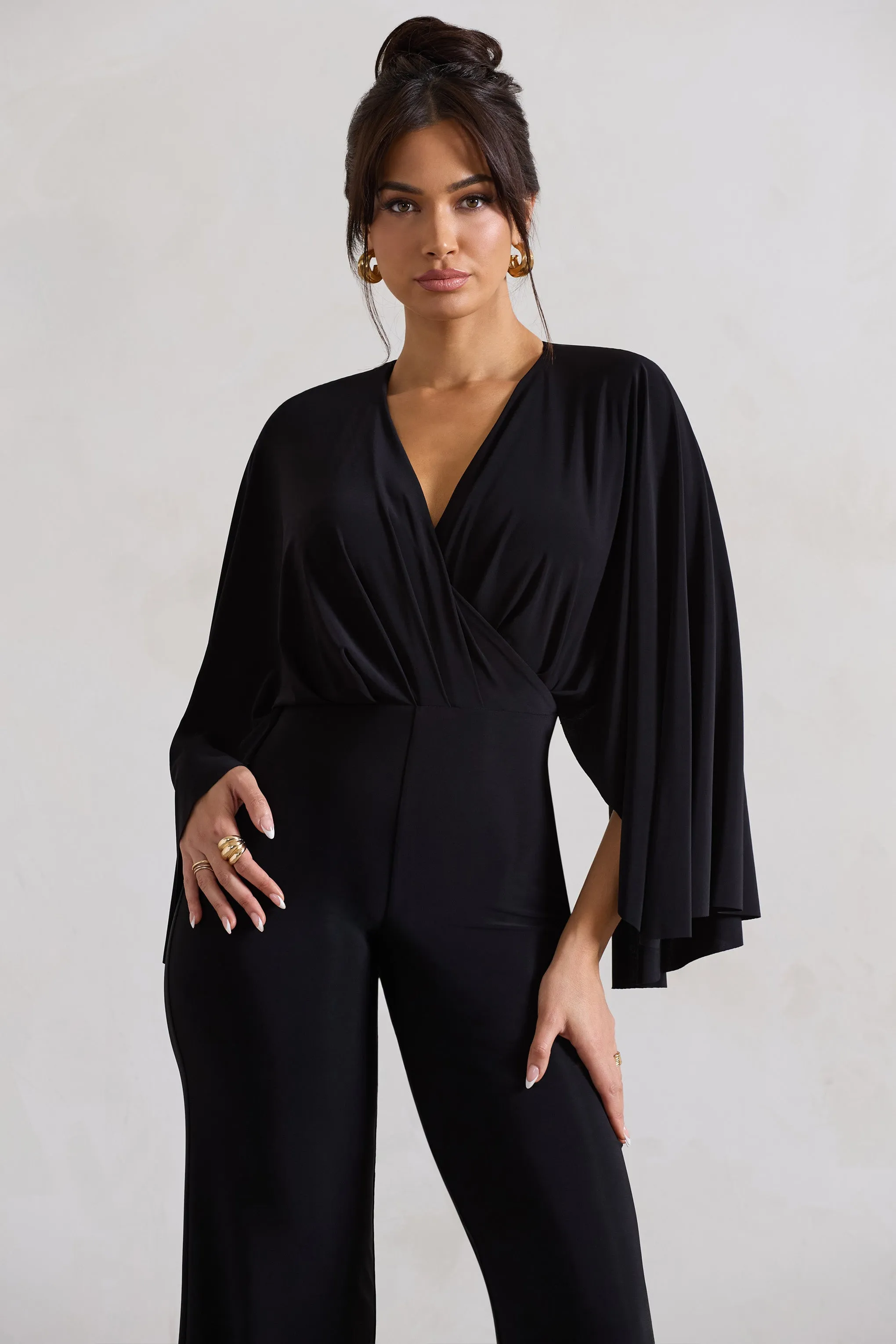 Nori | Black Plunge-Neck Straight-Leg Cape Jumpsuit