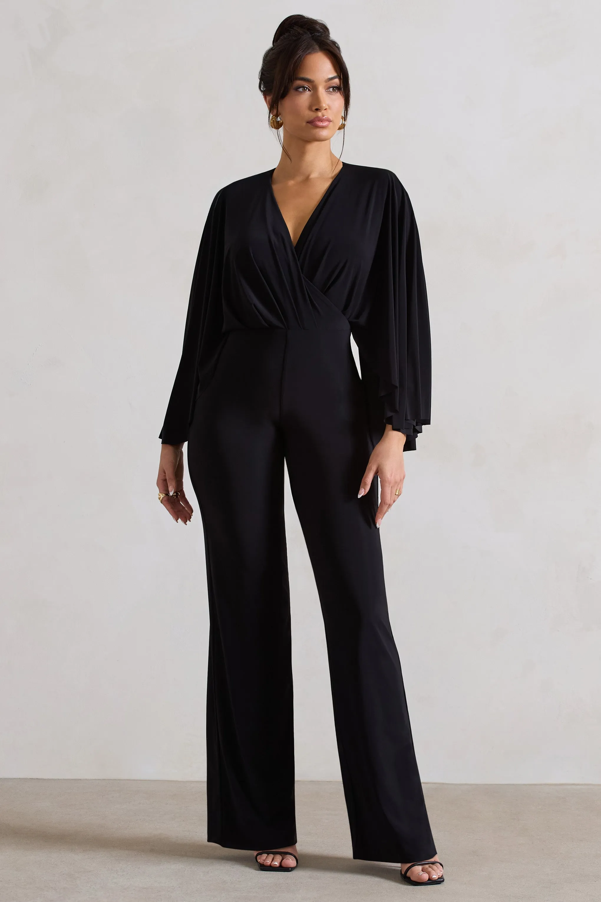 Nori | Black Plunge-Neck Straight-Leg Cape Jumpsuit