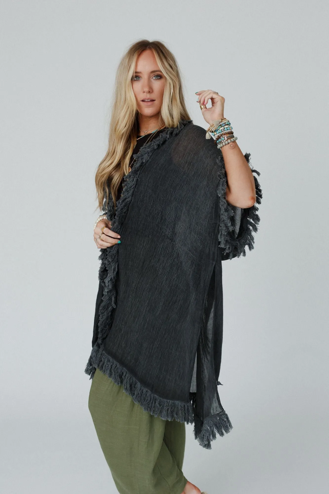 On The Edge Fringe Kimono - Charcoal