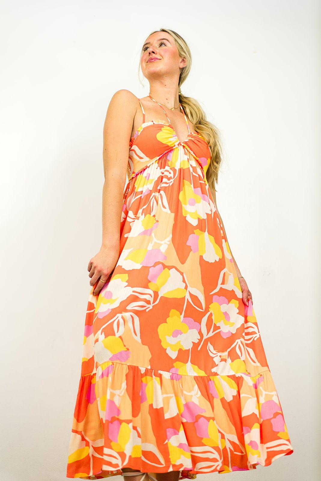 Orange Floral Halter Maxi Dress