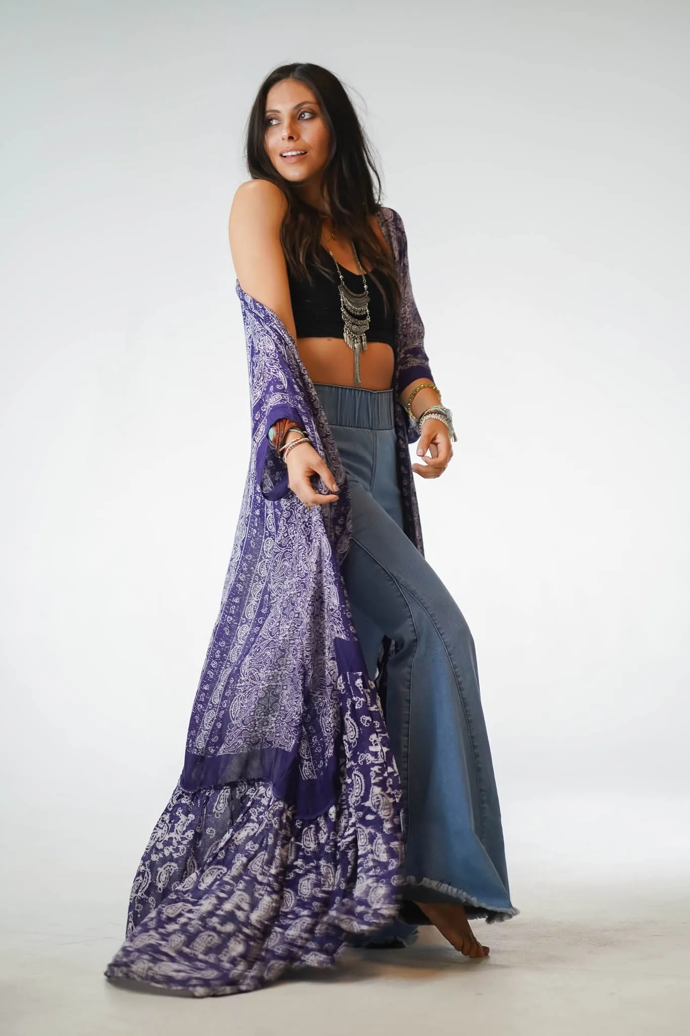 Paisley Tapestry Free Flow Duster Kimono - Purple