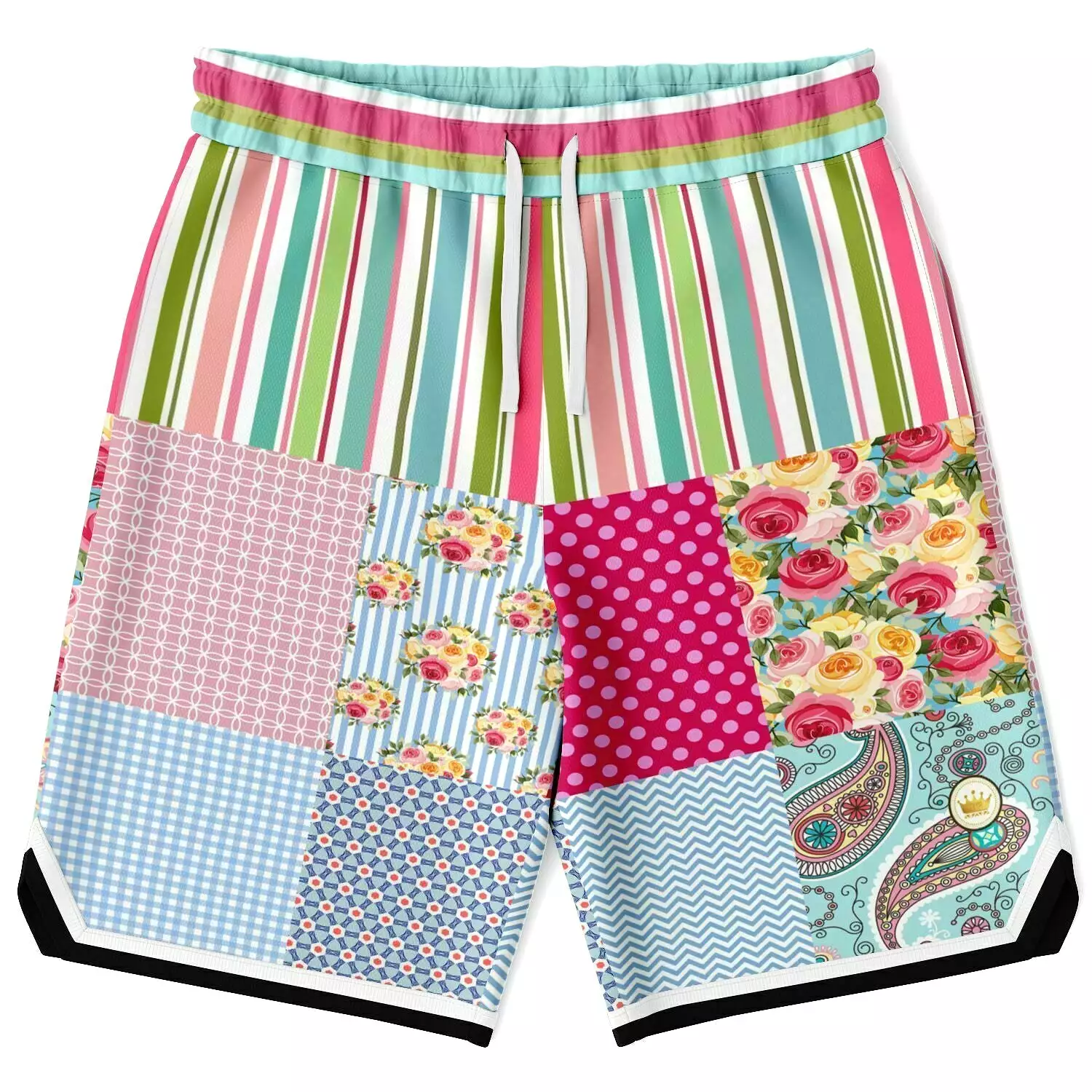 Pink Sherbert Floral Patchwork Plaid Basketball Shorts