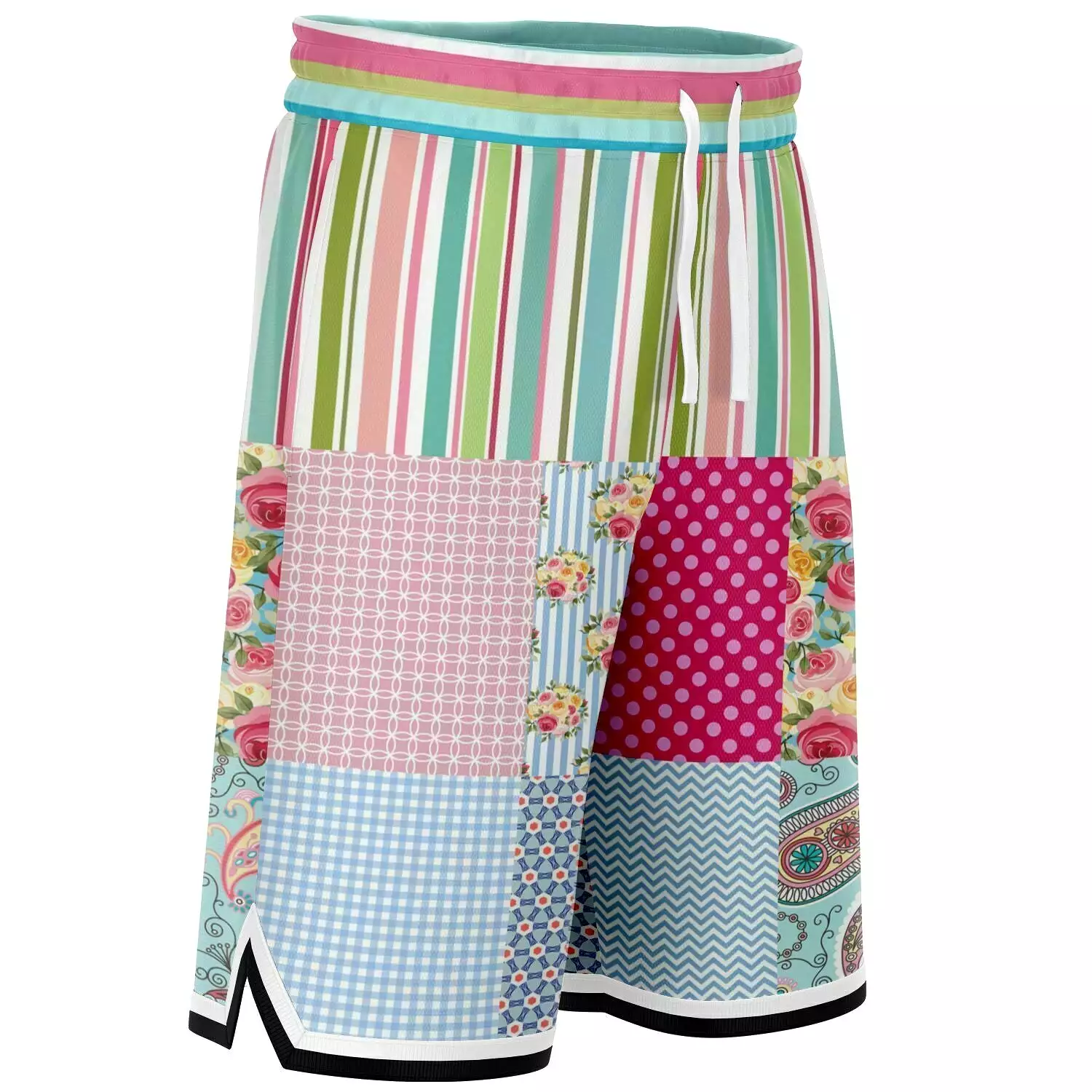 Pink Sherbert Floral Patchwork Plaid Basketball Shorts