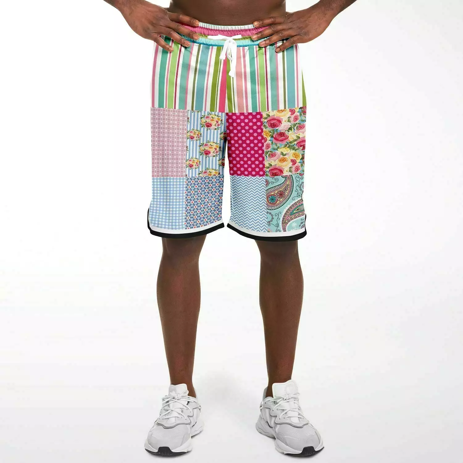 Pink Sherbert Floral Patchwork Plaid Basketball Shorts