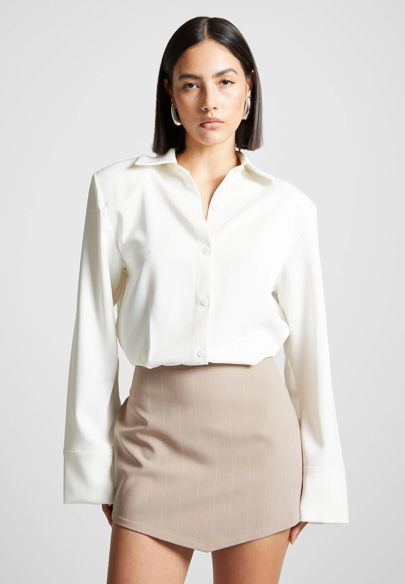 Pinstripe Skirt Shirt Dress - White/Beige