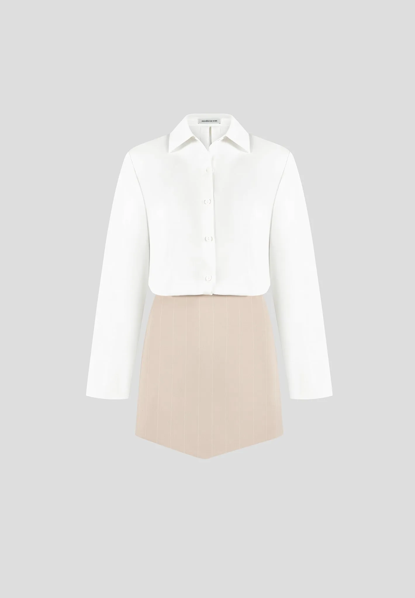 Pinstripe Skirt Shirt Dress - White/Beige