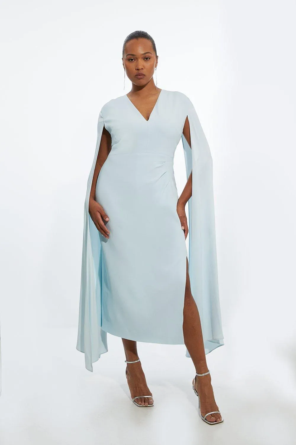 Plus Size Viscose Satin Back Crepe Tailored V Neck Maxi Cape Dress | Karen Millen