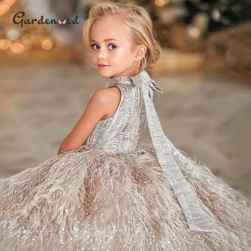 Puffy Feather Flower Girl Gown