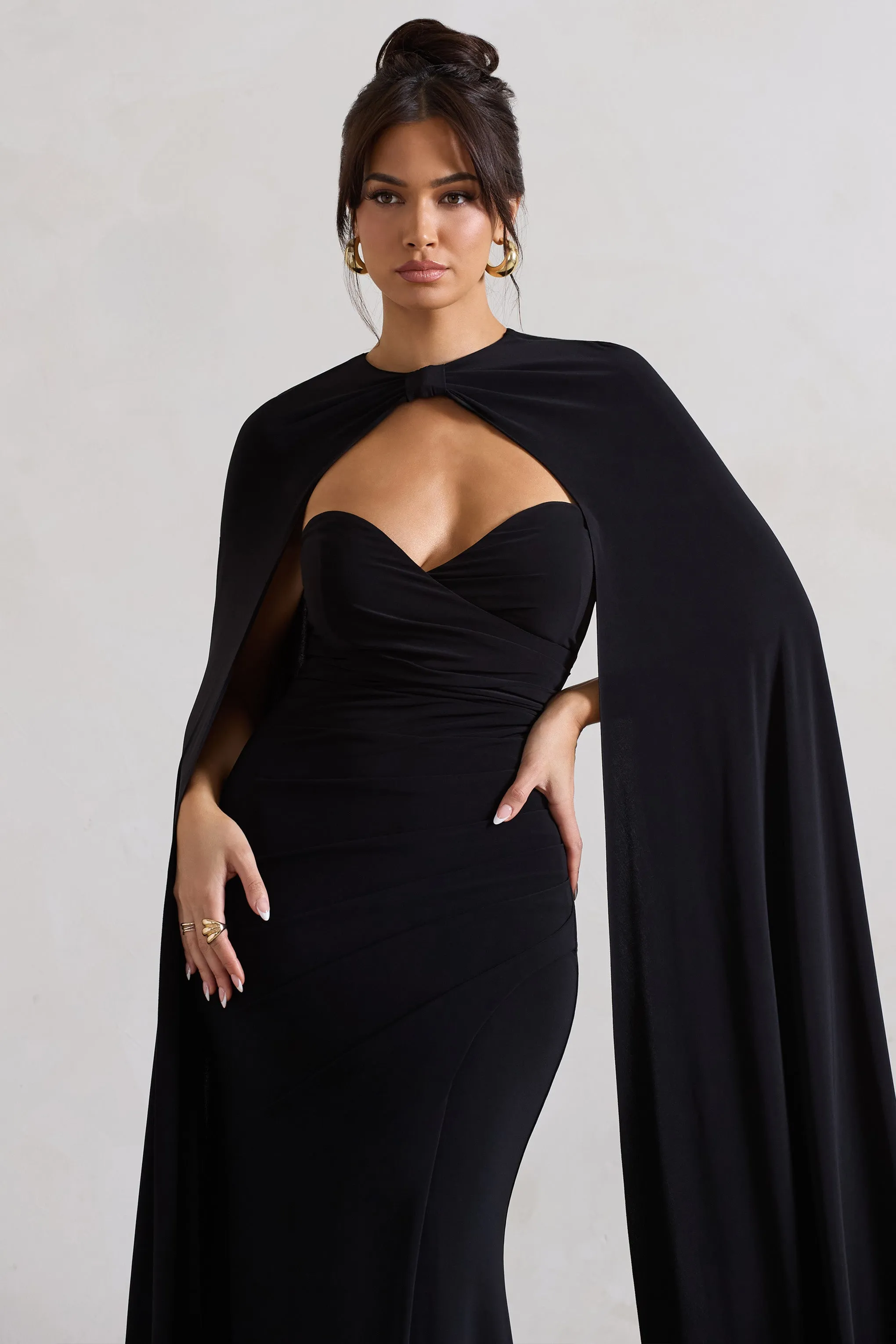 Reign | Black Corset Wrap Maxi Dress With Cape