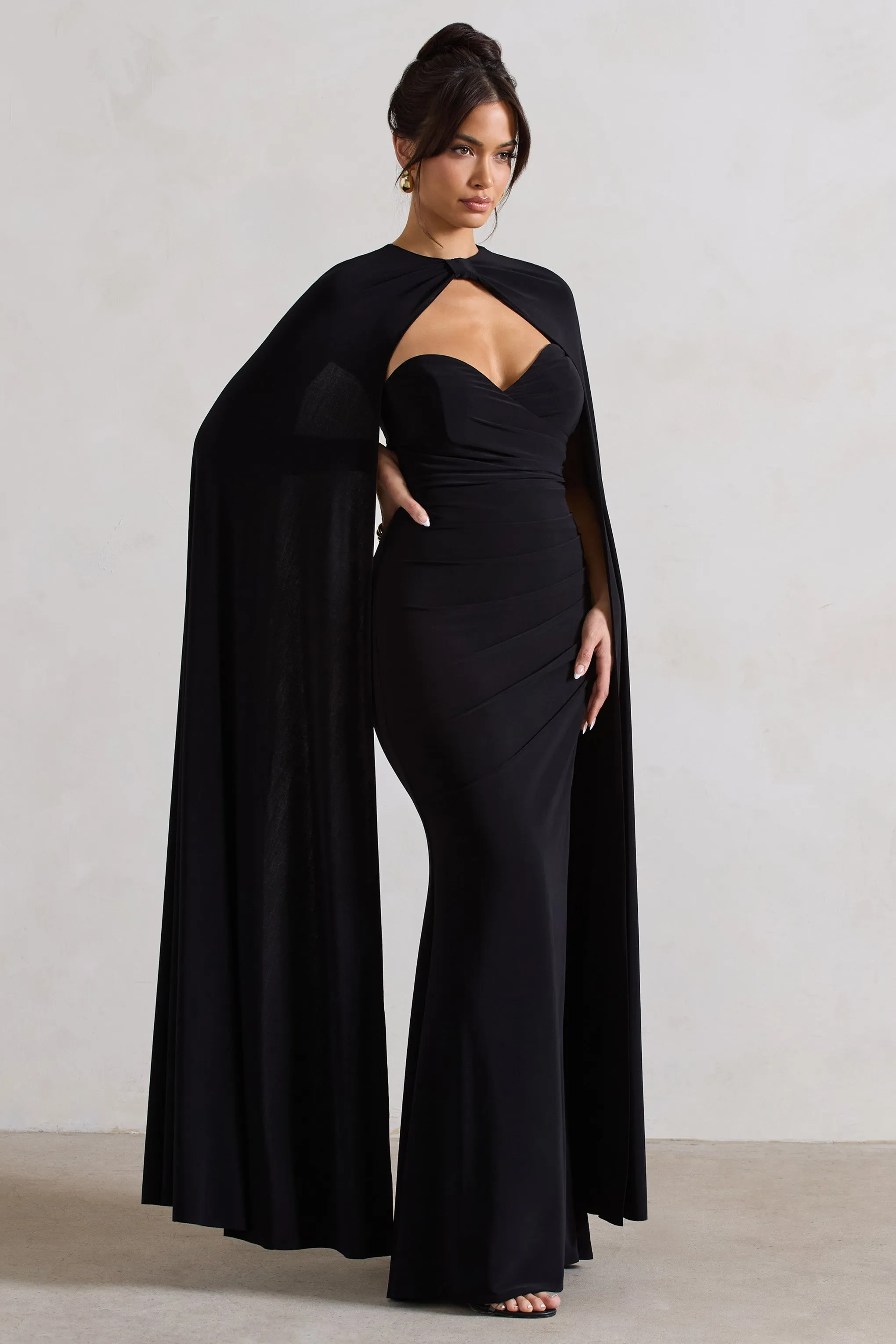 Reign | Black Corset Wrap Maxi Dress With Cape