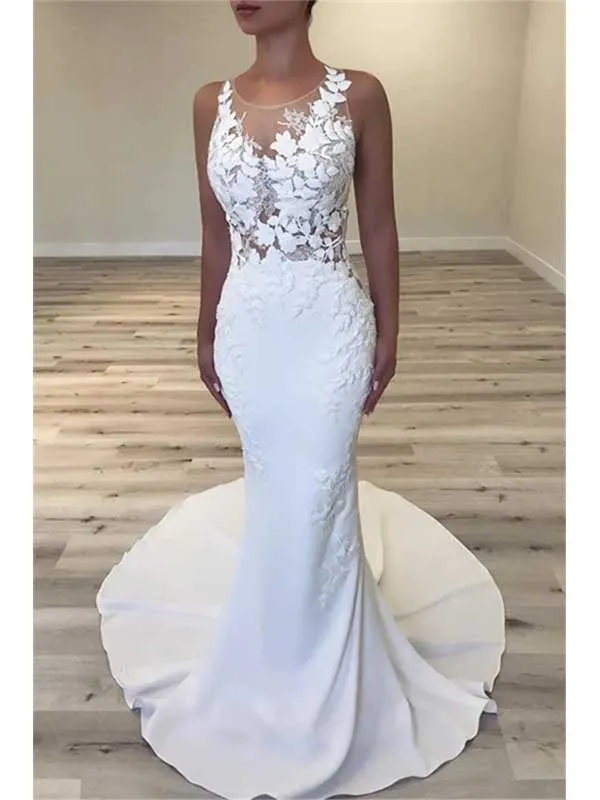 Sexy Sleeveless Mermaid Applique Wedding Dress, WD0509