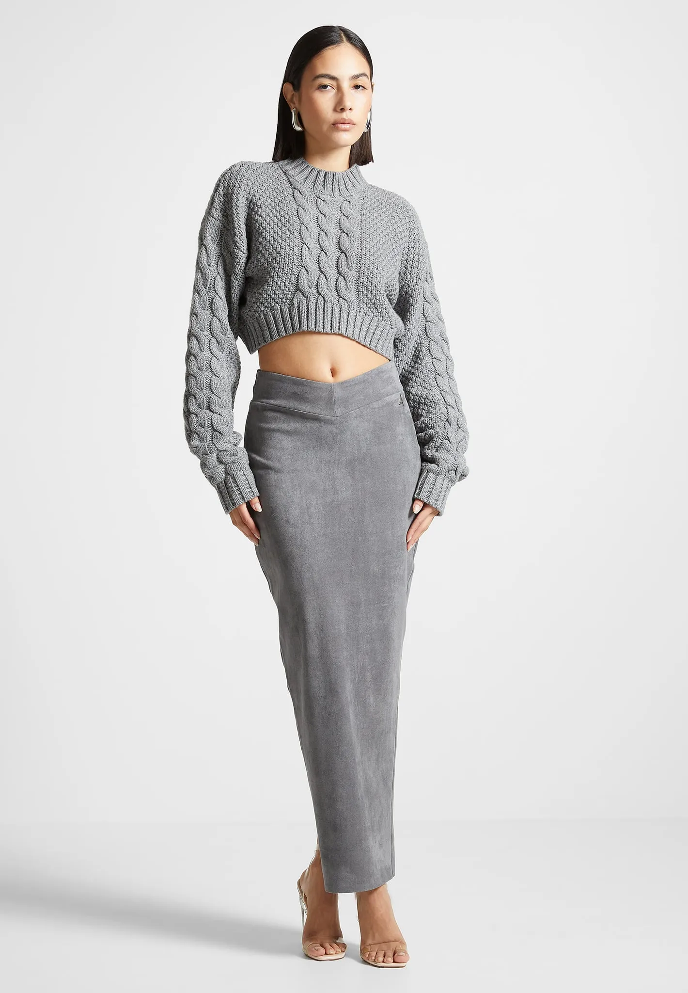 Suede Midaxi Skirt - Light Grey