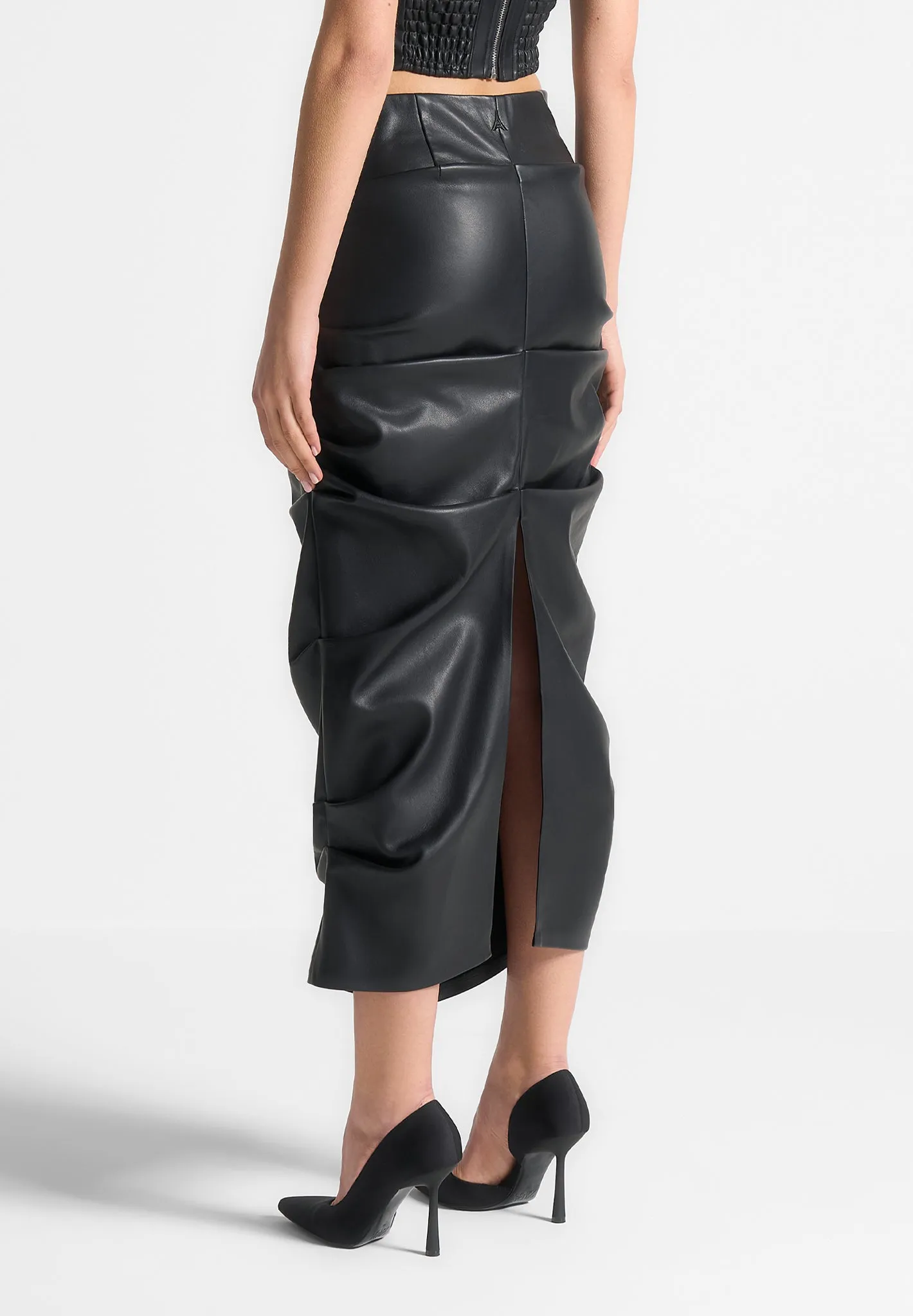 Tacked Leather Midaxi Skirt - Black