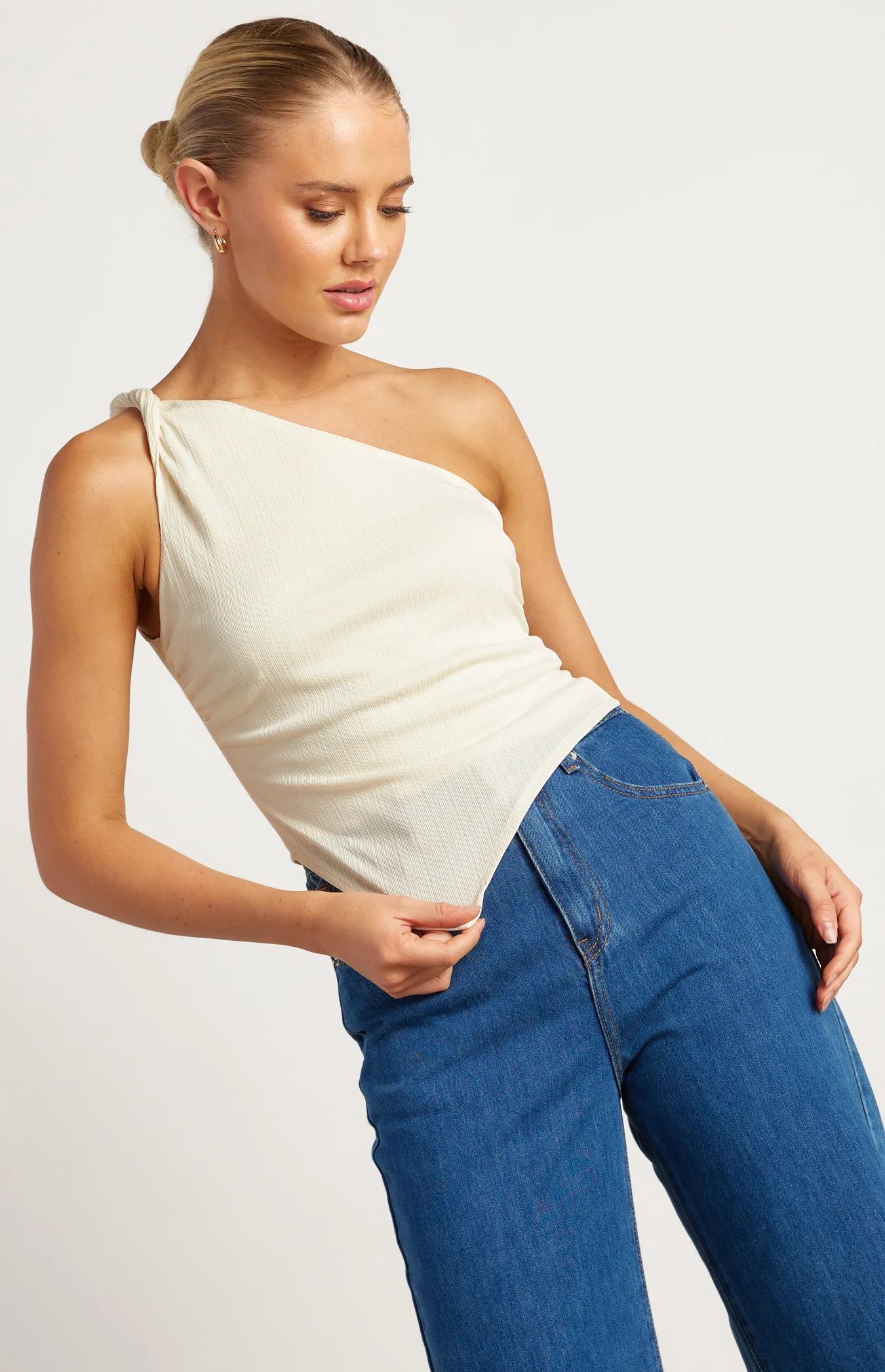 Textured Jersey Twist Detail Top with Asymmetric Hem (WTO573B)