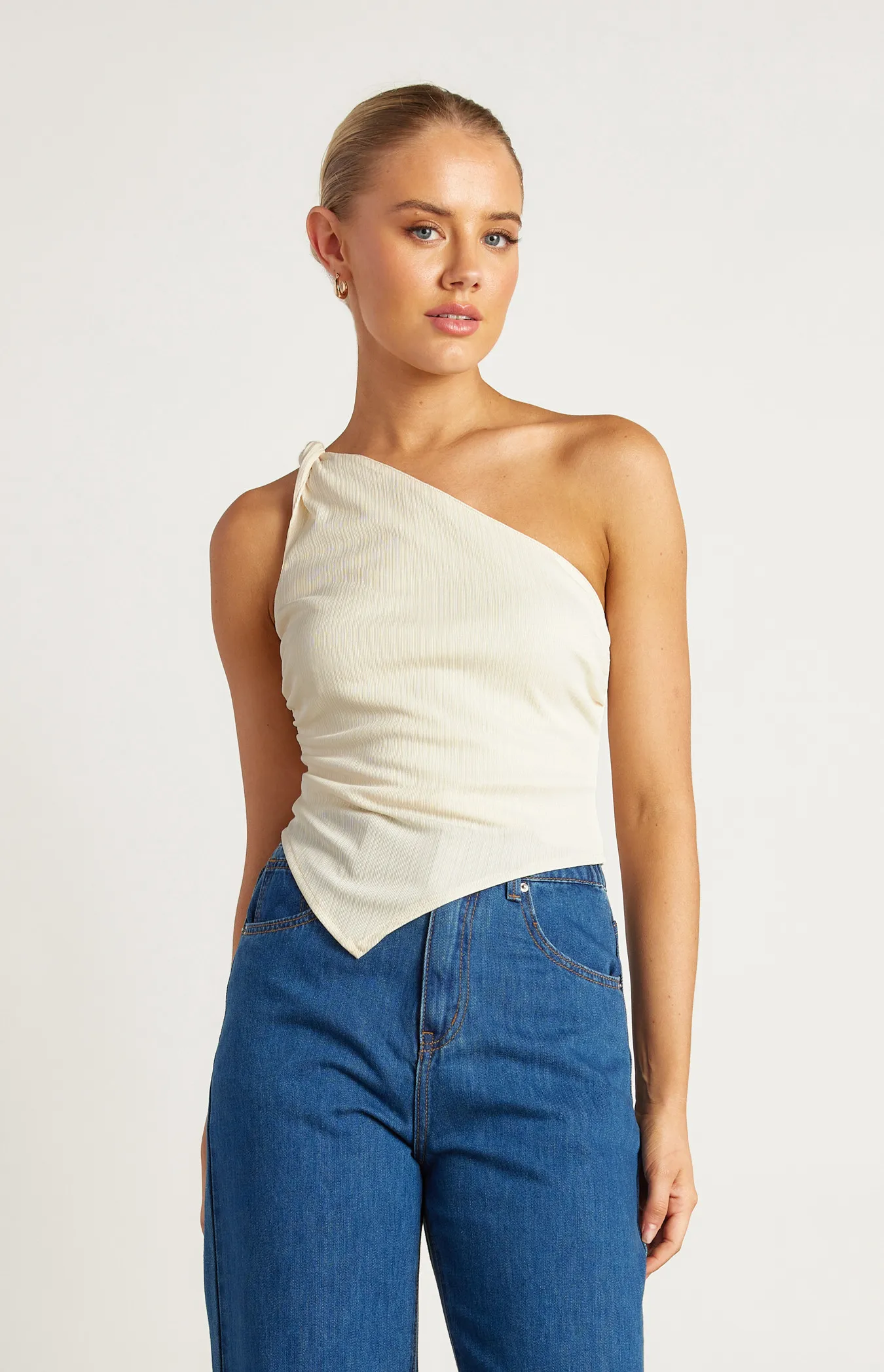 Textured Jersey Twist Detail Top with Asymmetric Hem (WTO573B)