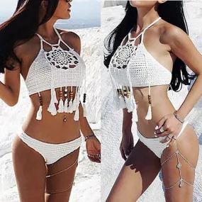 Women's Bikini Set Crochet Halter Beaded Tassel Top Sexy Swimwear