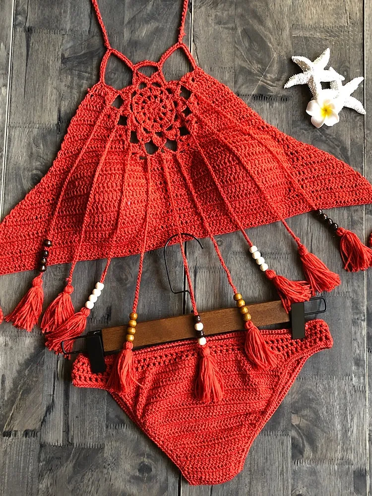 Women's Bikini Set Crochet Halter Beaded Tassel Top Sexy Swimwear