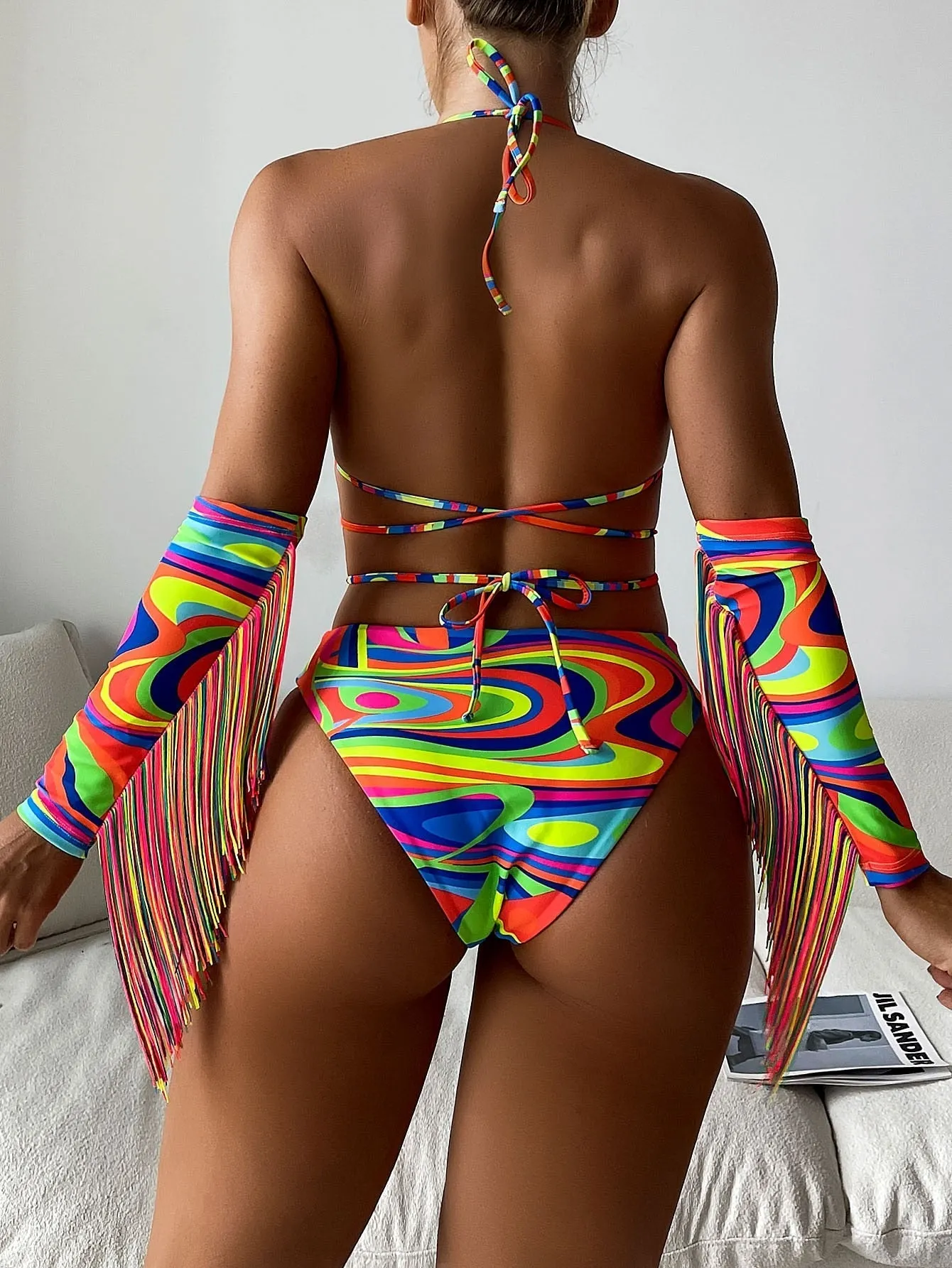 Women's Colorful Abstract Print Pattern Long Sleeve Tassel 4 Piece Swimwear