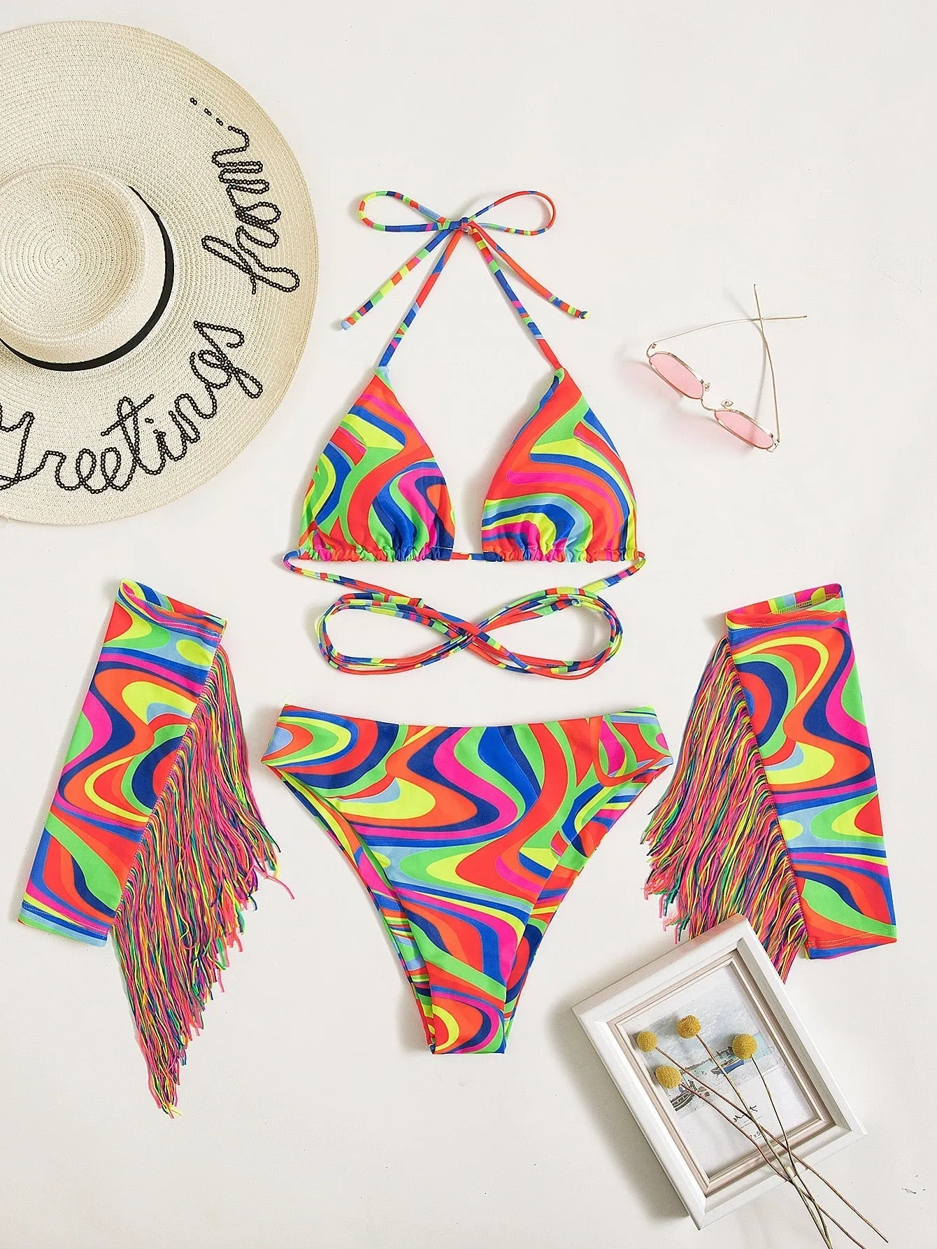 Women's Colorful Abstract Print Pattern Long Sleeve Tassel 4 Piece Swimwear