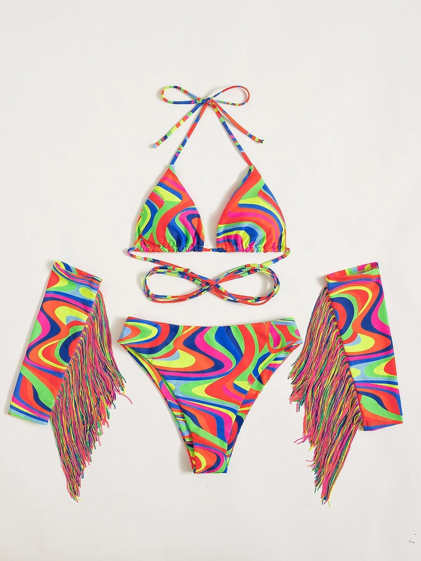 Women's Colorful Abstract Print Pattern Long Sleeve Tassel 4 Piece Swimwear