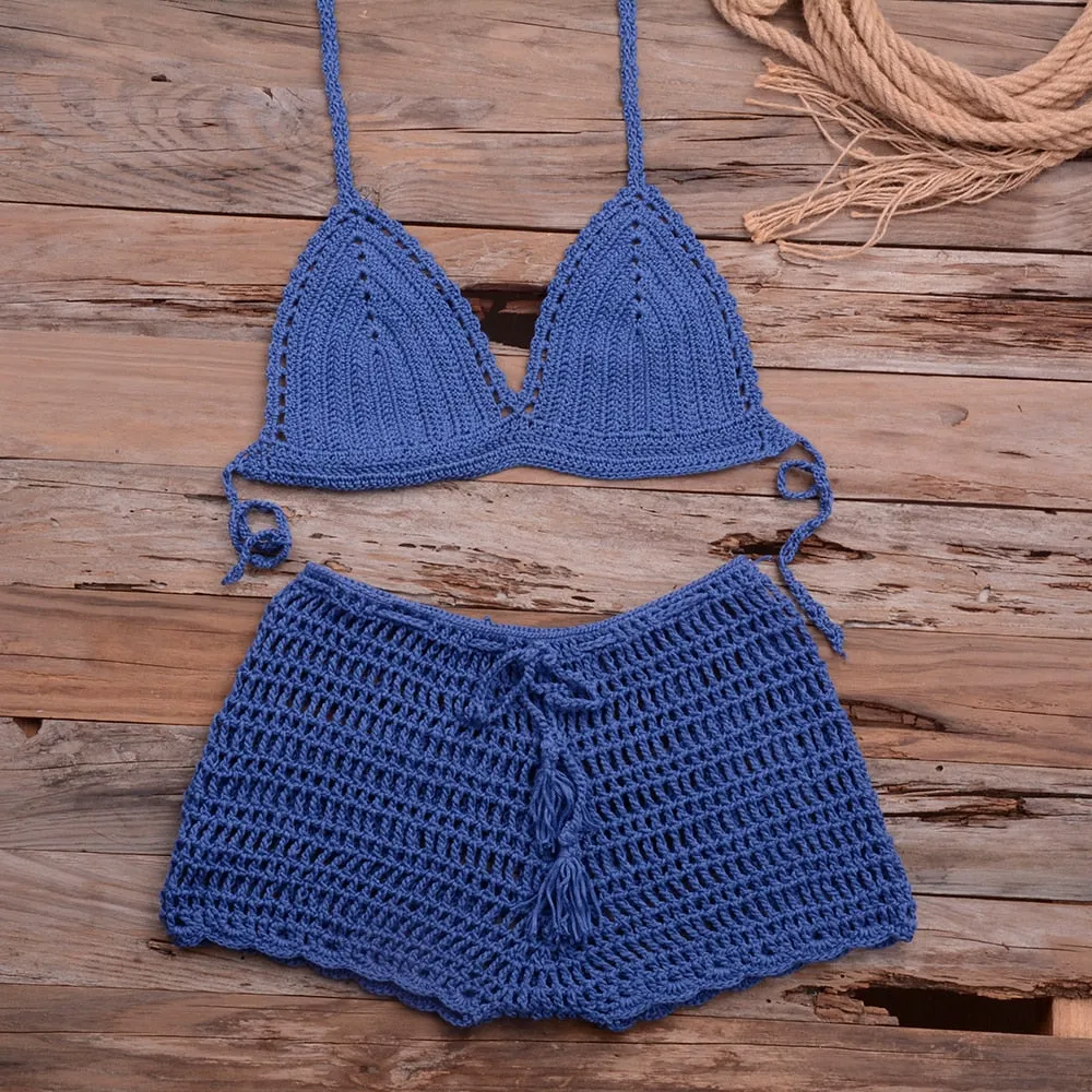 Women's Cotton Knitted Tassel Halter Bandage Crochet Bikini Swimwear