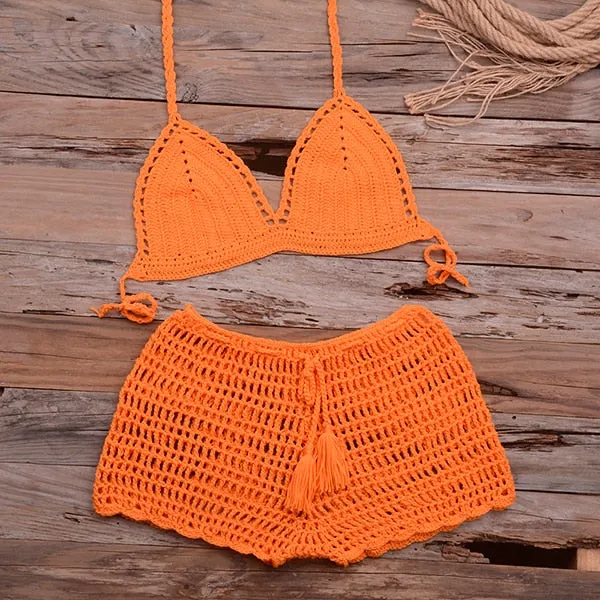 Women's Cotton Knitted Tassel Halter Bandage Crochet Bikini Swimwear