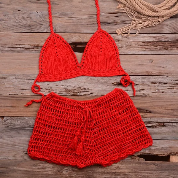 Women's Cotton Knitted Tassel Halter Bandage Crochet Bikini Swimwear