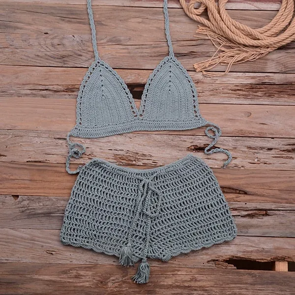 Women's Cotton Knitted Tassel Halter Bandage Crochet Bikini Swimwear