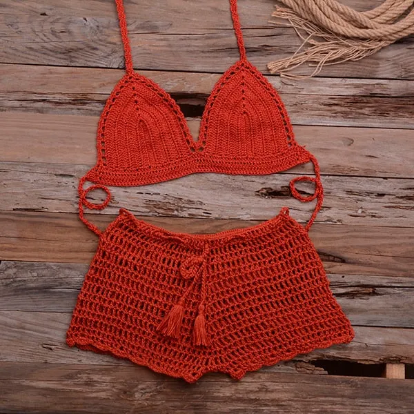 Women's Cotton Knitted Tassel Halter Bandage Crochet Bikini Swimwear