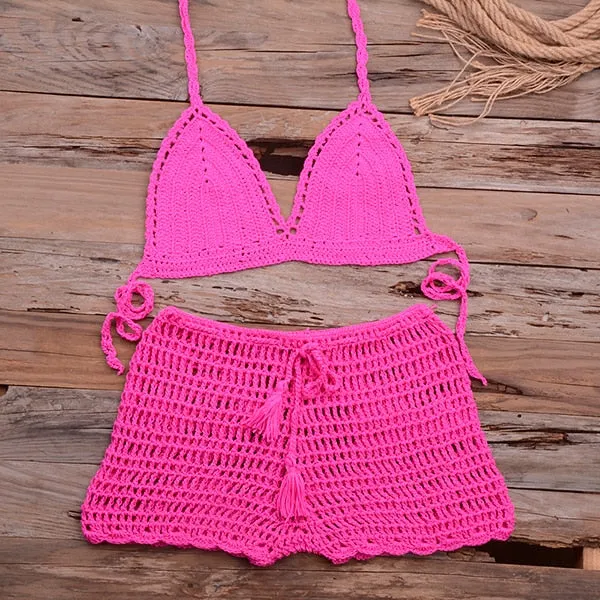 Women's Cotton Knitted Tassel Halter Bandage Crochet Bikini Swimwear