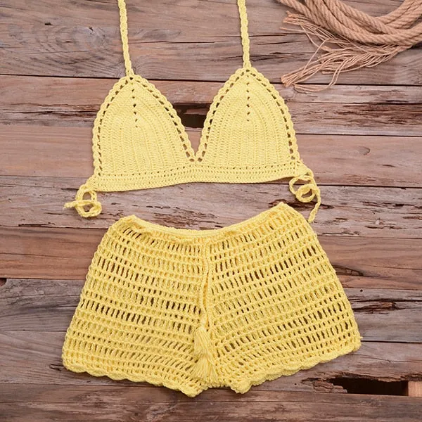 Women's Cotton Knitted Tassel Halter Bandage Crochet Bikini Swimwear