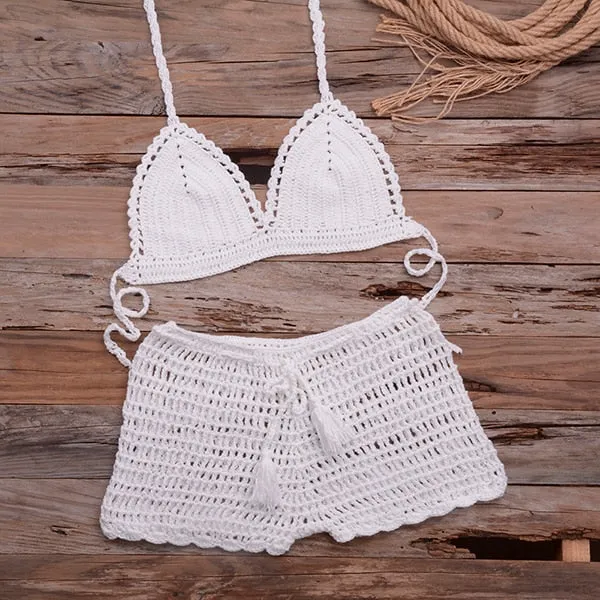 Women's Cotton Knitted Tassel Halter Bandage Crochet Bikini Swimwear