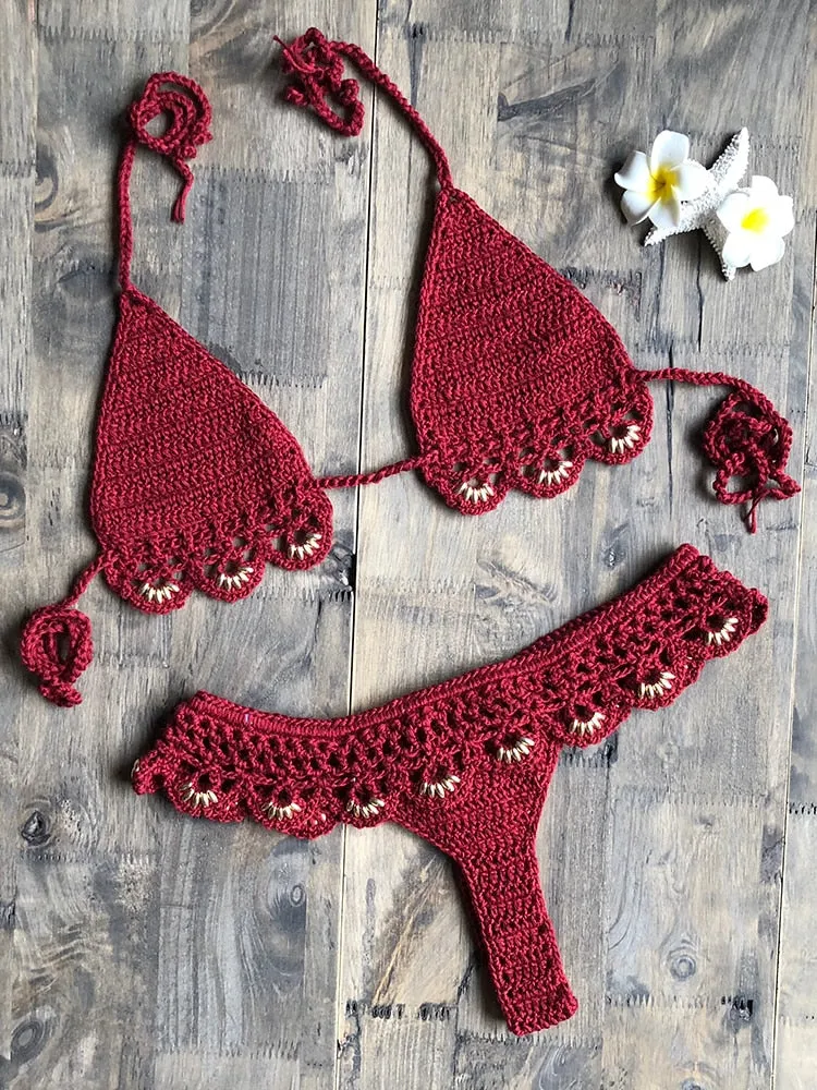 Women's Crochet Micro Bikini Set High Waist Thong Halter Sexy Swimwear