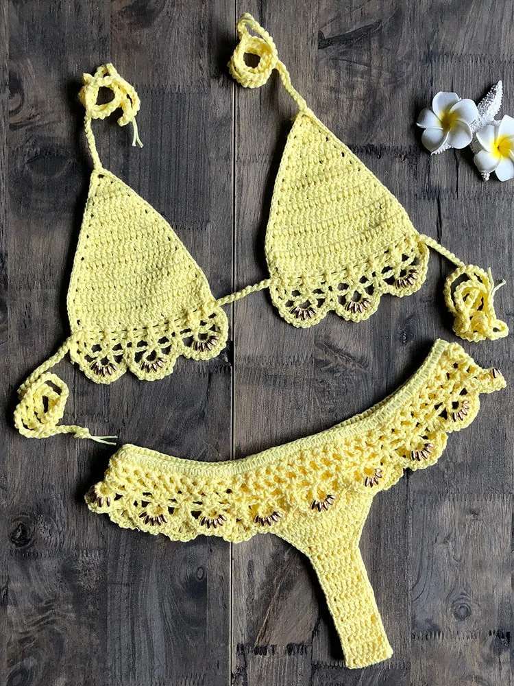 Women's Crochet Micro Bikini Set High Waist Thong Halter Sexy Swimwear