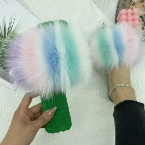 Women's Fashion Summer Natural Fur Fluffy Cotton Slides House Slippers