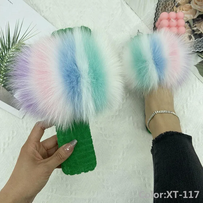 Women's Fashion Summer Natural Fur Fluffy Cotton Slides House Slippers