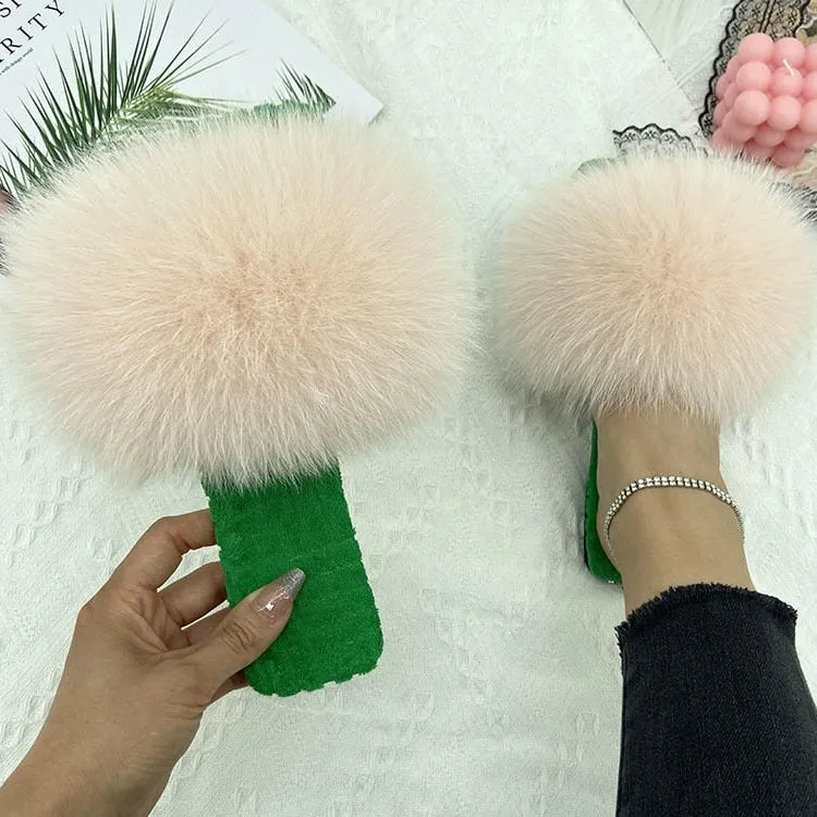 Women's Rubber Powder Real Fur Summer Cotton Fluffy House Slippers