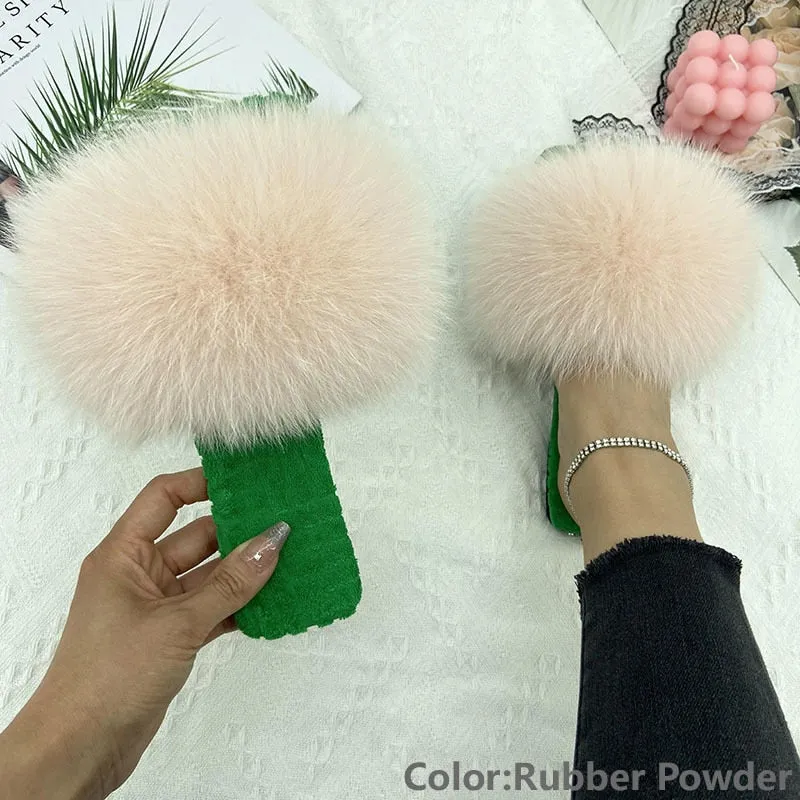 Women's Rubber Powder Real Fur Summer Cotton Fluffy House Slippers