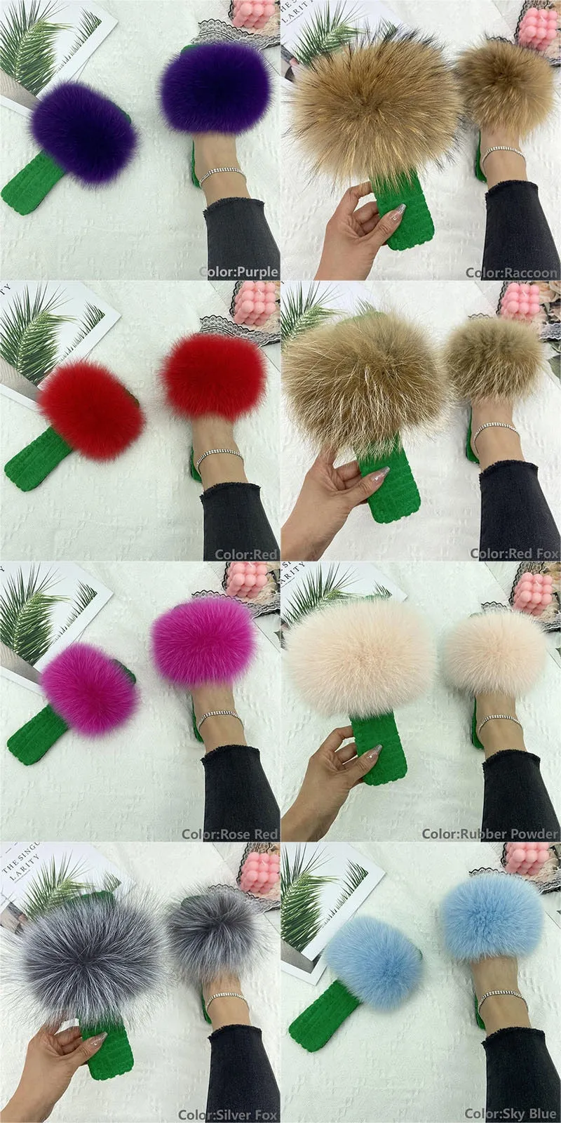 Women's Rubber Powder Real Fur Summer Cotton Fluffy House Slippers