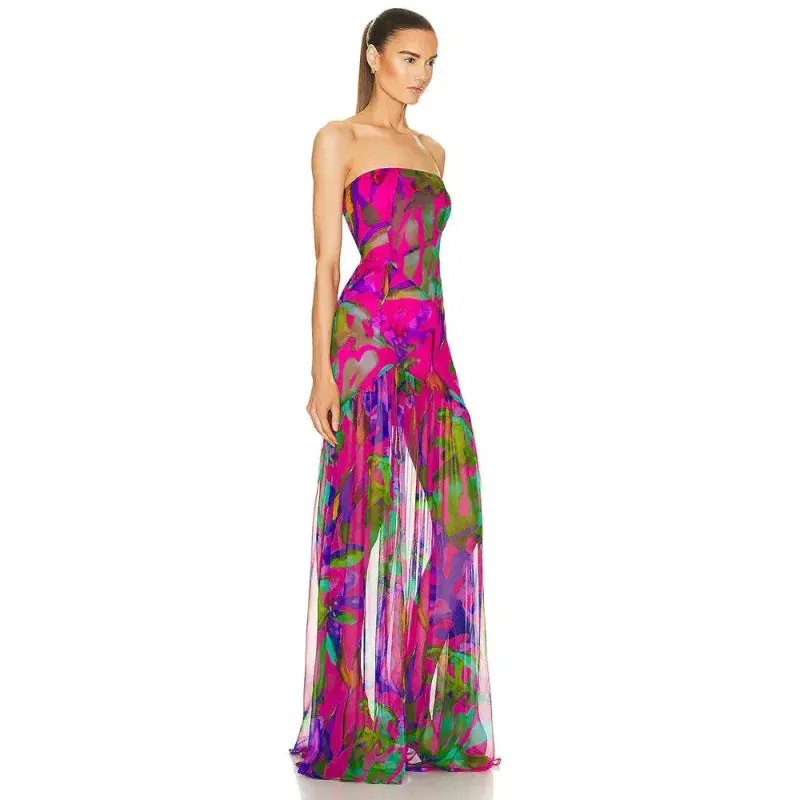 Women's Sexy Colorful Printed Strapless Mesh Splice Split Sleeveless Dress