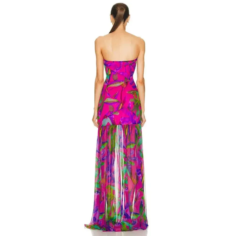 Women's Sexy Colorful Printed Strapless Mesh Splice Split Sleeveless Dress