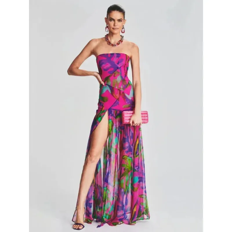 Women's Sexy Colorful Printed Strapless Mesh Splice Split Sleeveless Dress