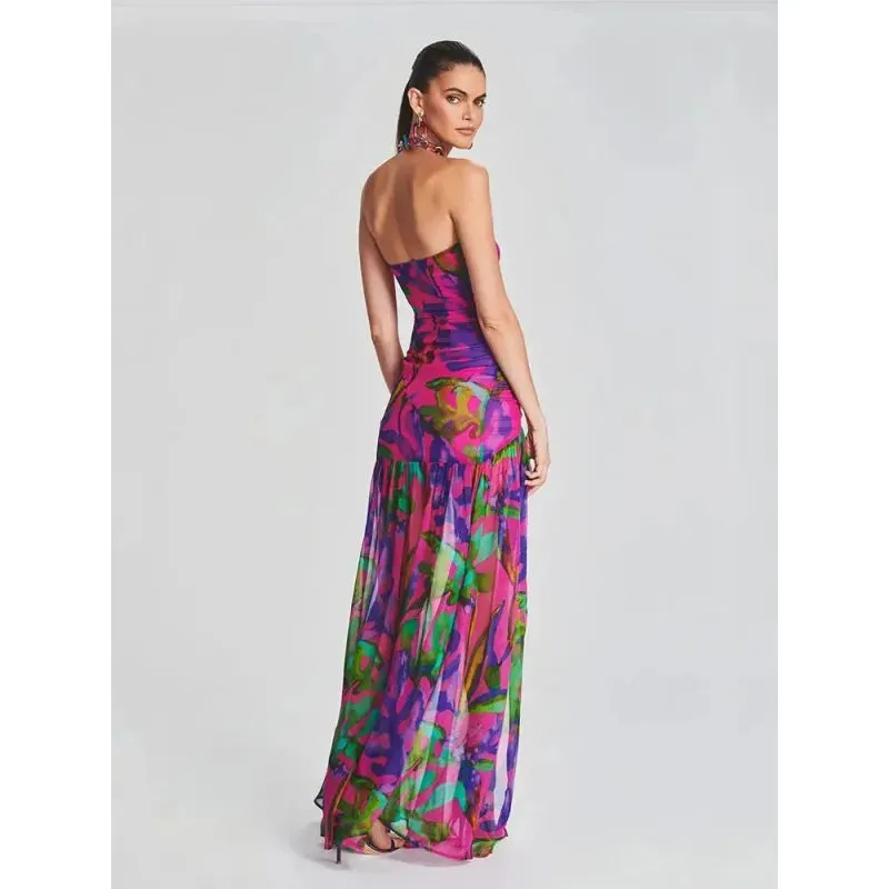 Women's Sexy Colorful Printed Strapless Mesh Splice Split Sleeveless Dress